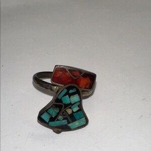Vintage 1976 Turquoise and Red Mosaic Ring